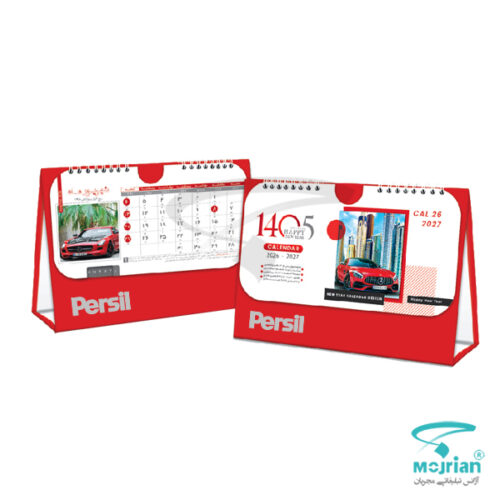 تقویم رومیزی سلفونی O960 قرمز روشن، دارای تصاویر خودروهای اسپرت لوکس (مرسدس بنز)، چاپ سفید سال ۱۴۰۵ و لوگوی برند روی بدنه.