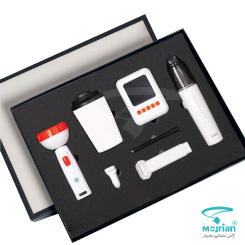 ست خودرو k9247 شامل جارو شارژی، پمپ باد، تراول ماگ، چراغ‌قوه و شارژر فندکی در جعبه لوکس