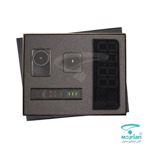 ست مدیریتی K9252 شامل اسپیکر RGB، ساعت دیجیتال، پاوربانک فست، شارژر وایرلس و فلش ۶۴ گیگ در جعبه لوکس