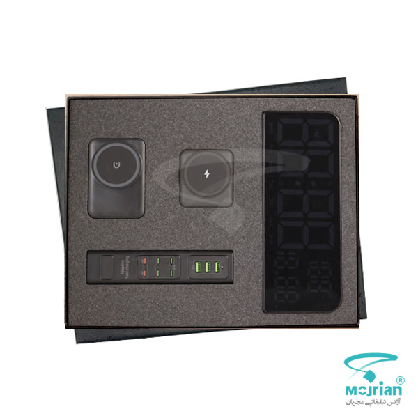 ست مدیریتی K9252 ست مدیریتی K9252 شامل اسپیکر RGB، ساعت دیجیتال، پاوربانک فست، شارژر وایرلس و فلش ۶۴ گیگ در جعبه لوکس