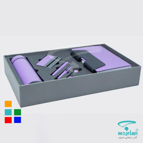 باکس خاکستری ست مدیریتی R124 شامل سررسید اروپایی، فلاسک، جاکارتی، جاسوئیچی و قلم فلزی با امکان چاپ لوگو