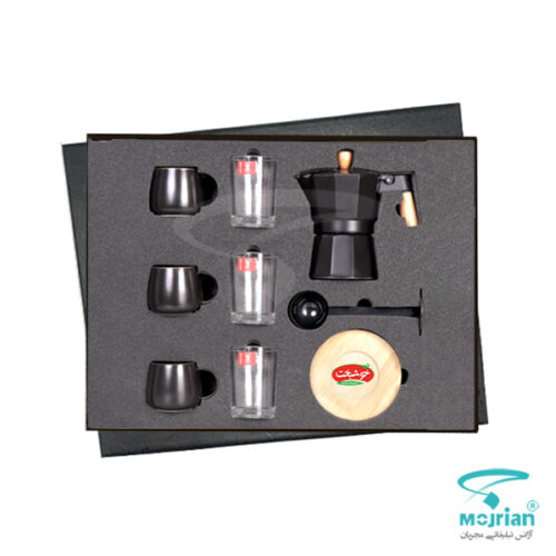 کافی ست اداری K9228 شامل موکاپات، فنجان، نعلبکی چوبی و تمپر در هاردباکس لوکس