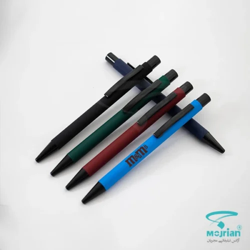 خودکار فلزی تبلیغاتی N2539 فشاری با جوهر آبی و رنگ بندی مشکی، قرمز، سبز، زرد، سرمه ای، طوسی، آبی، زرشکی، یشمی