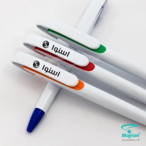 خودکار پلاستیکی تبلیغاتی N2515 با جوهر آبی، رنگ‌ بندی سفید (آبی، قرمز، سبز، نارنجی)، مکانیزم فشاری، چاپ روی بدنه خودکار، گیره خودکار