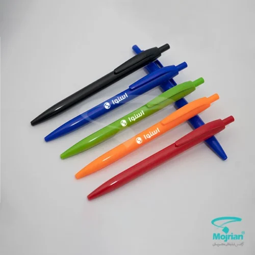 خرید خودکار پلاستیکی تبلیغاتی N2546 با جوهر مشکی و رنگ بندی مشکی، سرمه ای، بنفش، سبز، سفید، سرخابی با مکانیزم فشاری، امکان چاپ تامپو روی بدنه