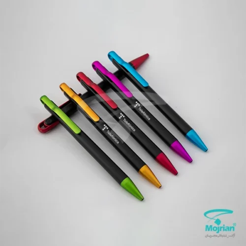 خودکار پلاستیکی تبلیغاتی N2560 با جوهر آبی و رنگ بندی مشکی (سبز، قرمز، زرد، بنفش، آبی) با مکانیزم فشاری