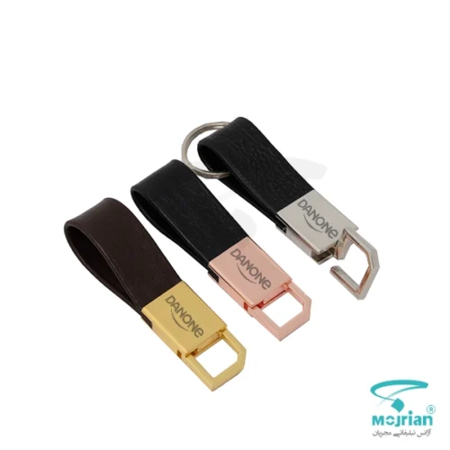 جاکلیدی چرم طبیعی تبلیغاتی N2256 از چرم درجه یک با قلاب و حلقه فلزی مقاوم در 3 رنگ نقره ای، گلبهی و طلایی با امکان حک لوگو اختصاصی