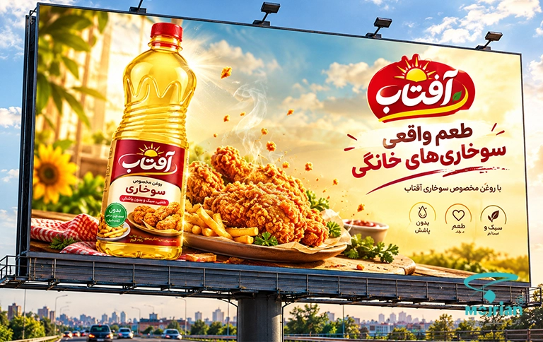 طرح موکاپ بیلبورد شهری روغن مخصوص سوخاری آفتاب همراه با تصویر مرغ سوخاری و شعار "طعم واقعی سوخاری‌های خانگی