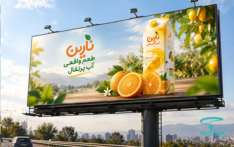 طرح موکاپ بیلبورد محیطی آبمیوه پرتقال نارین با اسلوگان "طعم واقعی آب پرتقال" در پس‌زمینه طبیعت و باغ مرکبات
