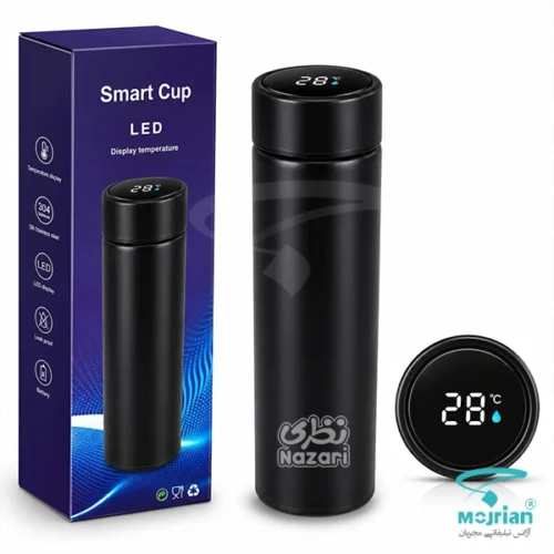 بسته بندی جعبه‌ای و فلاسک هوشمند دماسنج‌دار مشکی مدل M2010 با نمایشگر LED دمای ۵۰۰ میلی‌لیتر
