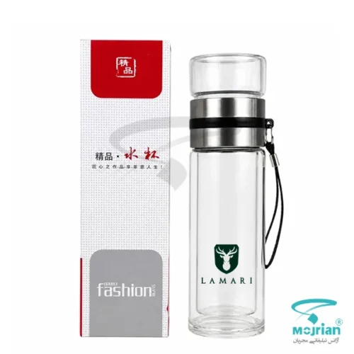 فلاسک دمنوش پیرکس دوجداره M2019 به همراه جعبه بسته بندی کادویی سفید و قرمز.